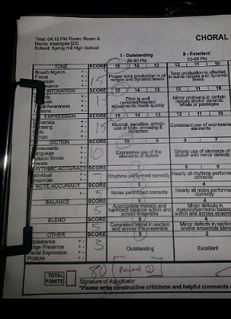 Scoring paper showing the SHHS Madrigals' perfect State performance